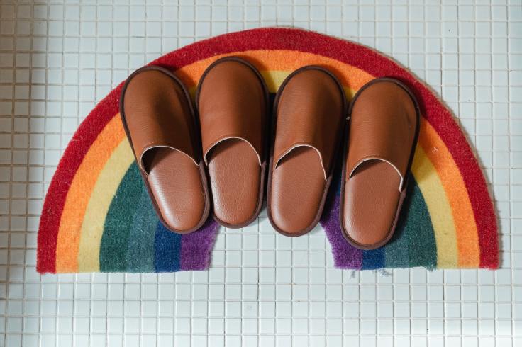brown-leather-slippers-on-rainbow-bathroom-mat-4474051